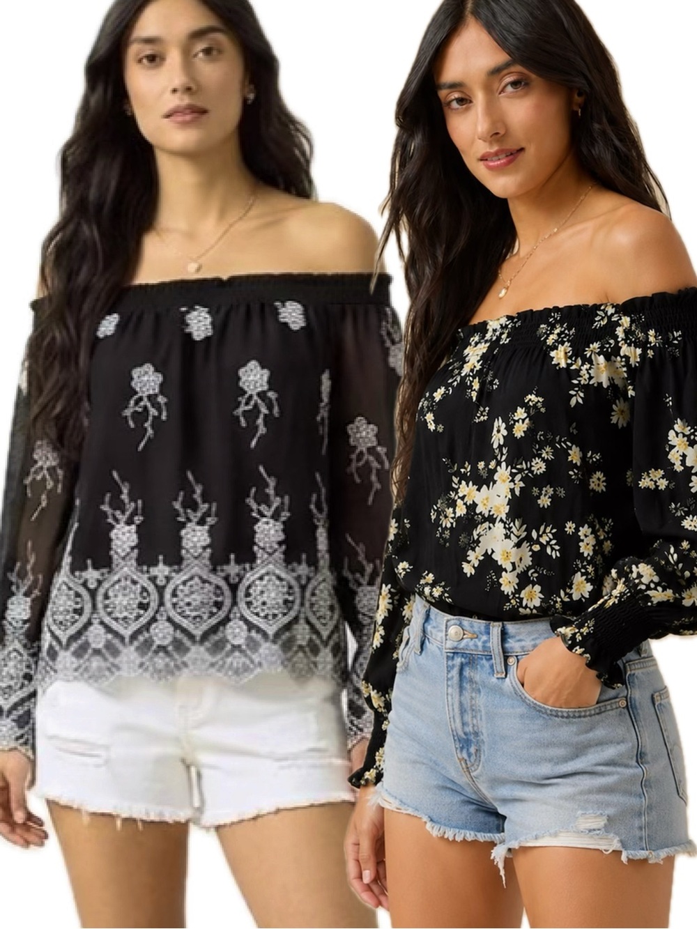 WAYF Floral Top Bundle Size XS Small Black Smocked Off Shoulder Long Sleeve
